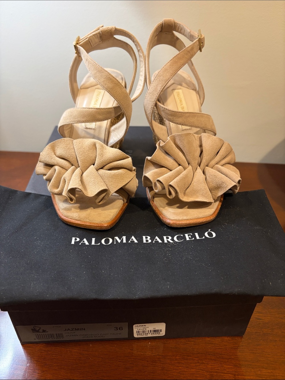 Paloma Barceló Tan Suede Ruffle Wedge Sandals